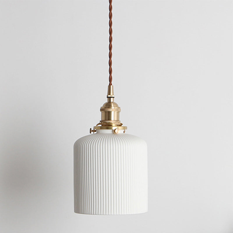 Rustic Ribbed Capsule/Ellipse Drop Pendant Single Bulb Ceramics Ceiling Hang Light in White and Brass Clearhalo 'Art Deco Pendants' 'Cast Iron' 'Ceiling Lights' 'Ceramic' 'Crystal' 'Industrial Pendants' 'Industrial' 'Metal' 'Middle Century Pendants' 'Pendant Lights' 'Pendants' 'Tiffany' Lighting' 1918625