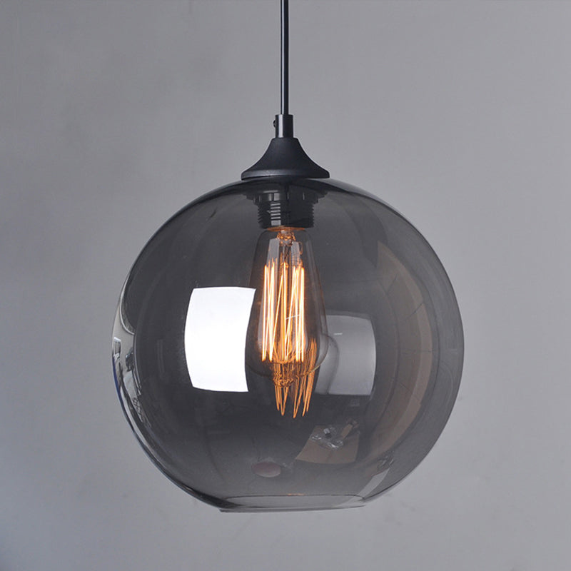 8"/10"/12" W Globe Bistro Pendulum Light Industrial Smoke Grey Glass 1-Light Black Suspension Pendant Light Clearhalo 'Ceiling Lights' 'Glass shade' 'Glass' 'Industrial Pendants' 'Industrial' 'Middle Century Pendants' 'Pendant Lights' 'Pendants' 'Tiffany' Lighting' 1918668