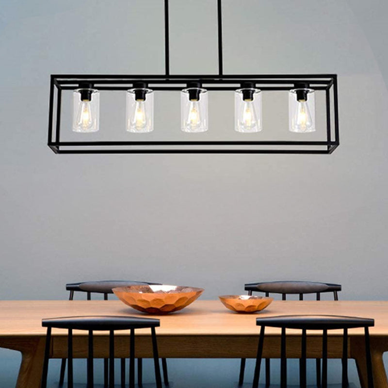 Cylinder Shade Clear Glass Pendant Industrial 3/5 Lights Dinette Up/Down Island Lamp with Rectangle Frame in Black 3 Black Down Clearhalo 'Ceiling Lights' 'Island Lights' Lighting' 1918779