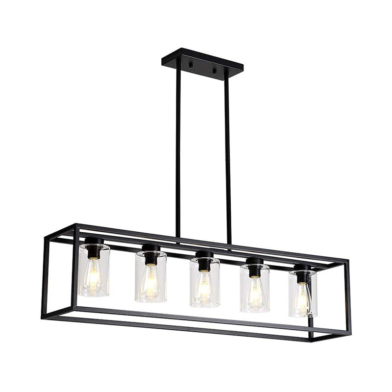 Taavita Clear Glass Pendant Light Industry 3/5 Lights Dining Room Up/Down Island Lamp with Rectangular Frame in Black