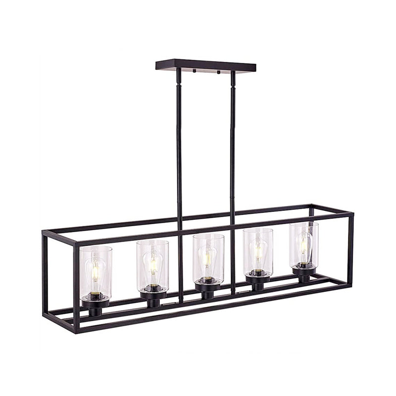 Cylinder Shade Clear Glass Pendant Industrial 3/5 Lights Dinette Up/Down Island Lamp with Rectangle Frame in Black 3 Black Up Clearhalo 'Ceiling Lights' 'Island Lights' Lighting' 1918775