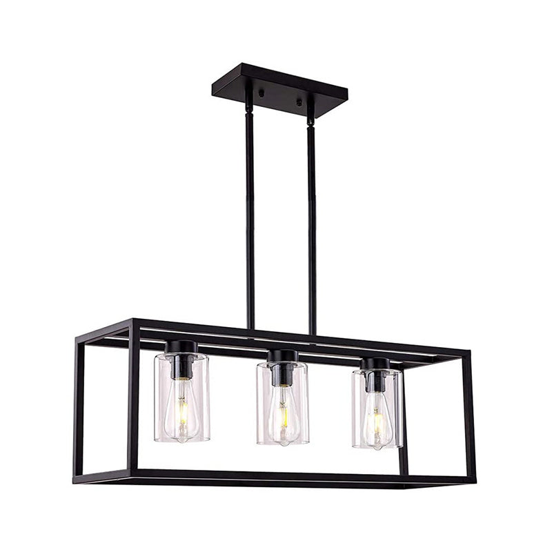 Cylinder Shade Clear Glass Pendant Industrial 3/5 Lights Dinette Up/Down Island Lamp with Rectangle Frame in Black 5 Black Up Clearhalo 'Ceiling Lights' 'Island Lights' Lighting' 1918777