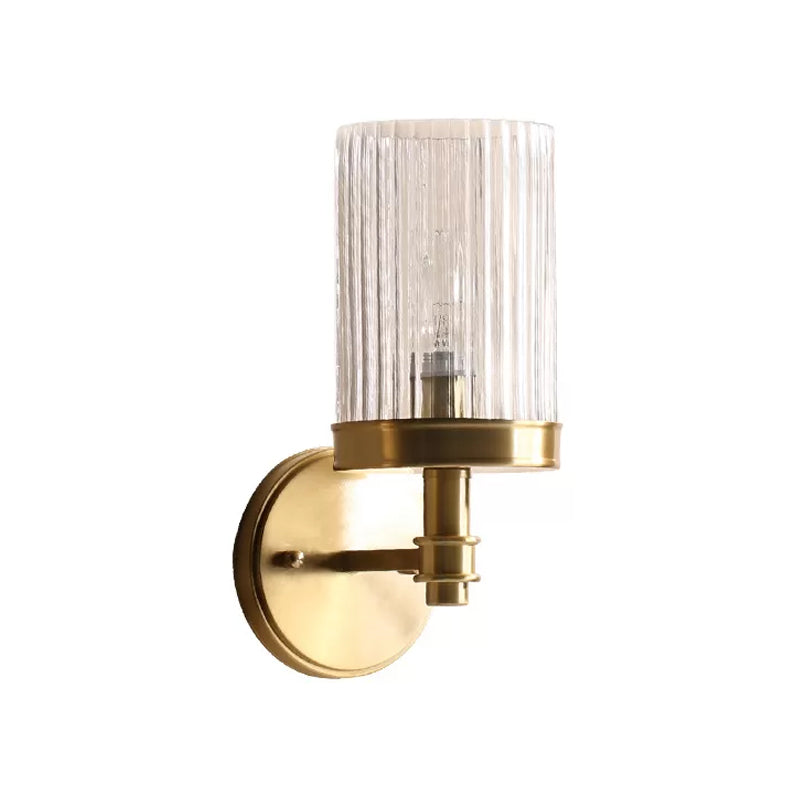 1-Light Wall Lamp Traditional Cylinder Transparent Glass Light in Brown/Gold Above the Bed