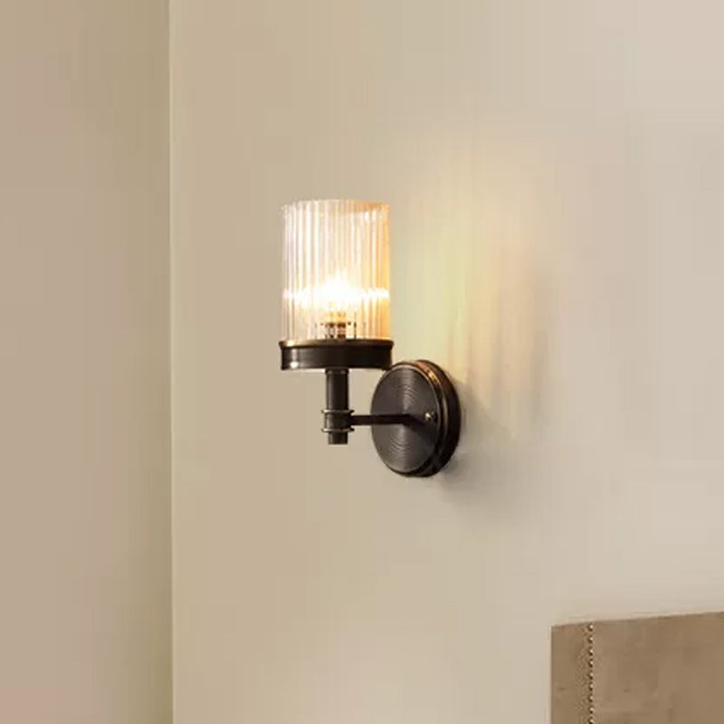 1-Light Wall Mounted Lamp Traditional Cylinder Transparent Glass Sconce Light in Brown/Gold over Bed Clearhalo 'Wall Lamps & Sconces' 'Wall Lights' Lighting' 1934286