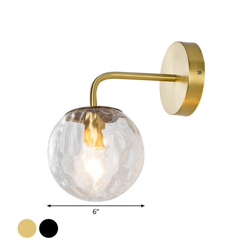 Ball Shaped Wall Lamp Minimalist Clear Rippling Glass 1-Light Bedroom Wall Mounted Lighting with Bent Arm in Black/Gold Clearhalo 'Cast Iron' 'Glass' 'Industrial' 'Modern wall lights' 'Modern' 'Tiffany' 'Traditional wall lights' 'Wall Lamps & Sconces' 'Wall Lights' Lighting' 1936630