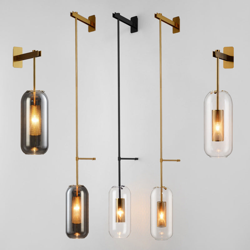 Postmodern Capsule Wall Light Hanging Lightweight Glass 1 Bulb - Night Wall Mount Lamp with Indoor Net Protection in Black/Gold