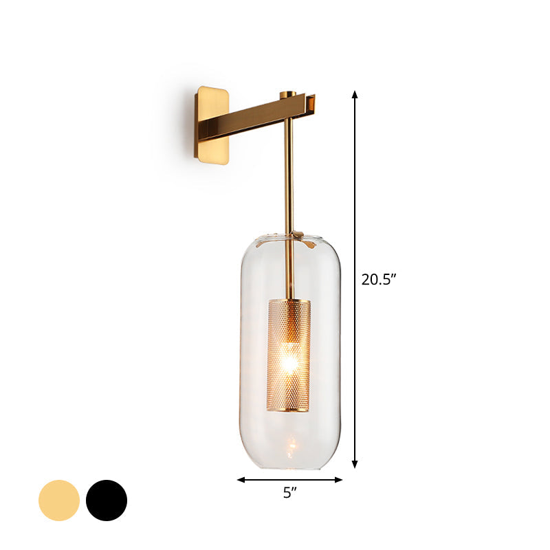 Postmodern Capsule Wall Light Hanging Lightweight Glass 1 Bulb - Night Wall Mount Lamp with Indoor Net Protection in Black/Gold