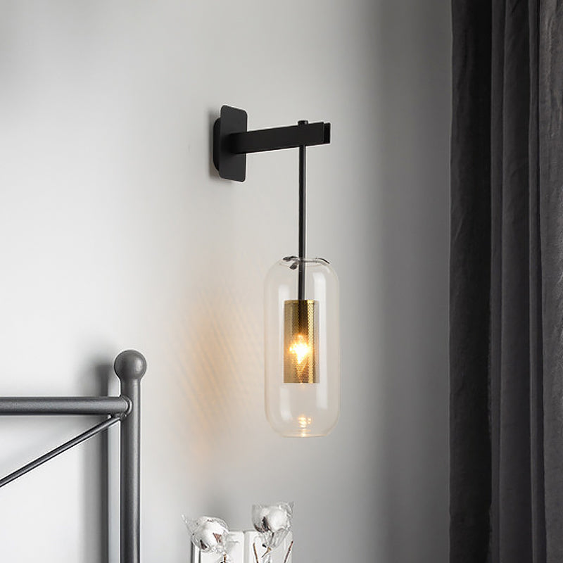 Postmodern Capsule Wall Light Hanging Lightweight Glass 1 Bulb - Night Wall Mount Lamp with Indoor Net Protection in Black/Gold