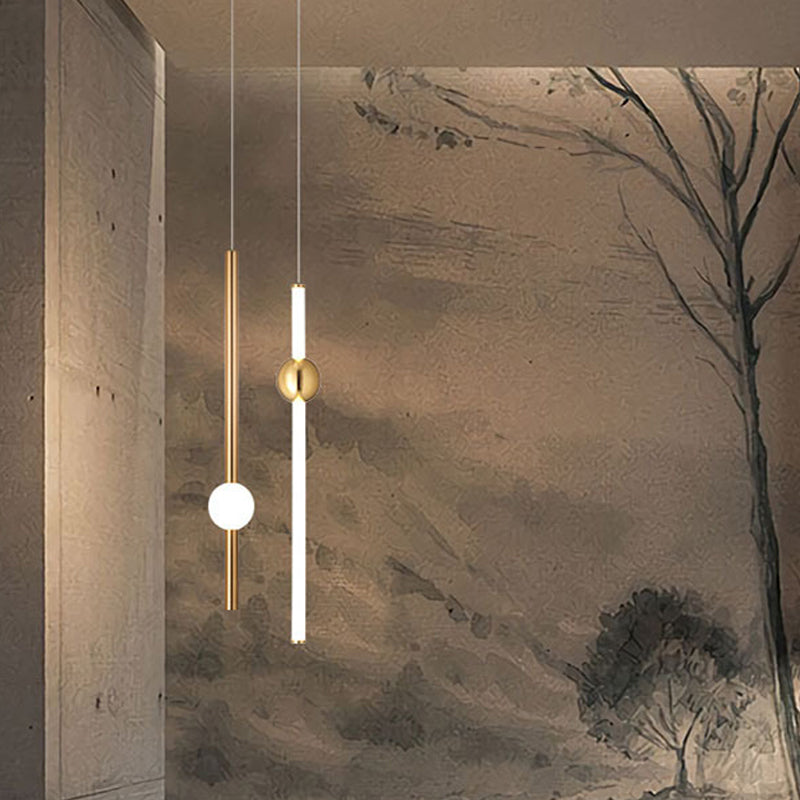 1-Head Bedside Drop Pendant Postmodern Gold/Clear Hanging Light with Tubular Frosted White Glass Shade Clearhalo 'Ceiling Lights' 'Modern Pendants' 'Modern' 'Pendant Lights' 'Pendants' Lighting' 1937025