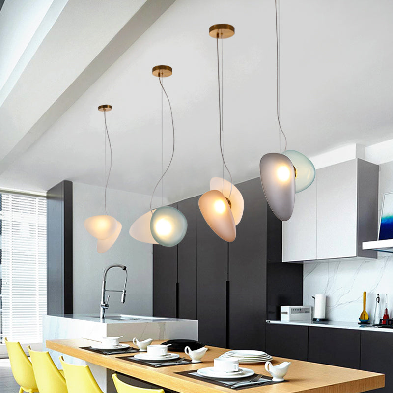 2 Bulbs Dining Room Pendant Light Post-Modern Brass Suspension Lighting with Pebble Light-Blue/Cream Glass Shade Cream A Clearhalo 'Ceiling Lights' 'Glass shade' 'Glass' 'Modern Pendants' 'Modern' 'Pendant Lights' 'Pendants' Lighting' 1937509