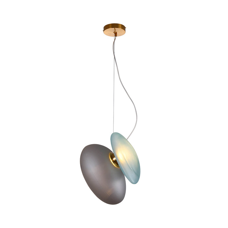 2 Bulbs Dining Room Pendant Light with Pebble Light-Blue/Cream Glass Shade - Post-Modern Brass Suspension Lighting by Taavita