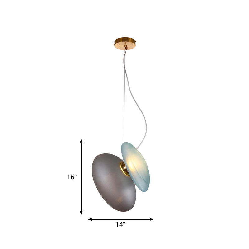 2 Bulbs Dining Room Pendant Light with Pebble Light-Blue/Cream Glass Shade - Post-Modern Brass Suspension Lighting by Taavita