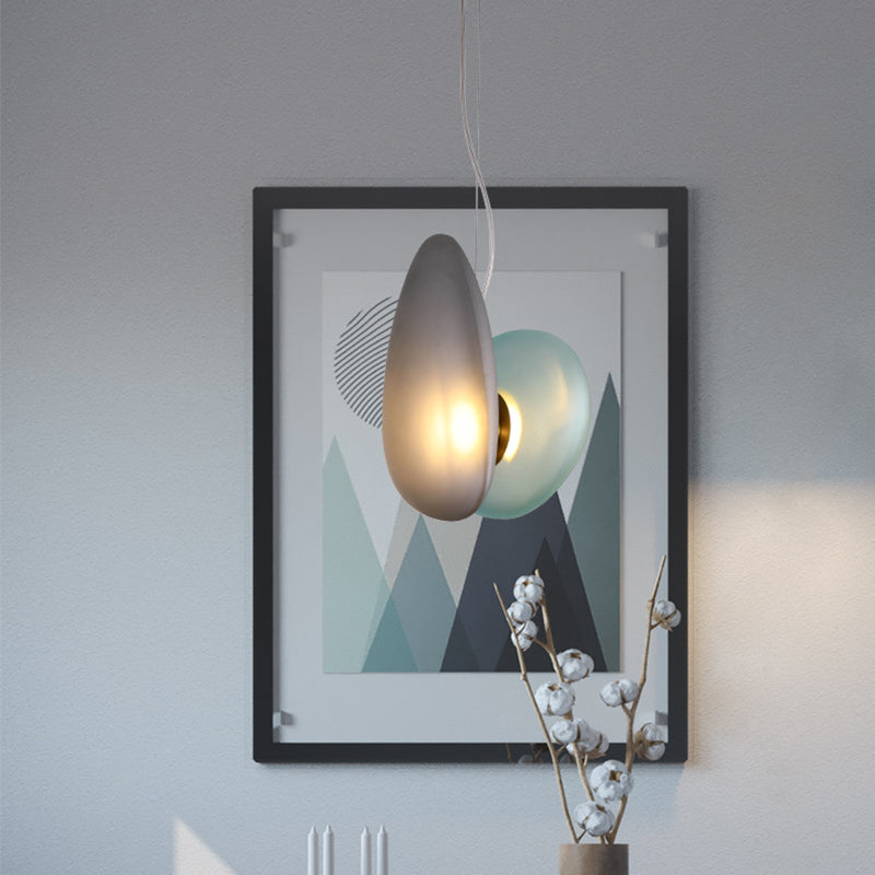 2 Bulbs Dining Room Pendant Light with Pebble Light-Blue/Cream Glass Shade - Post-Modern Brass Suspension Lighting by Taavita