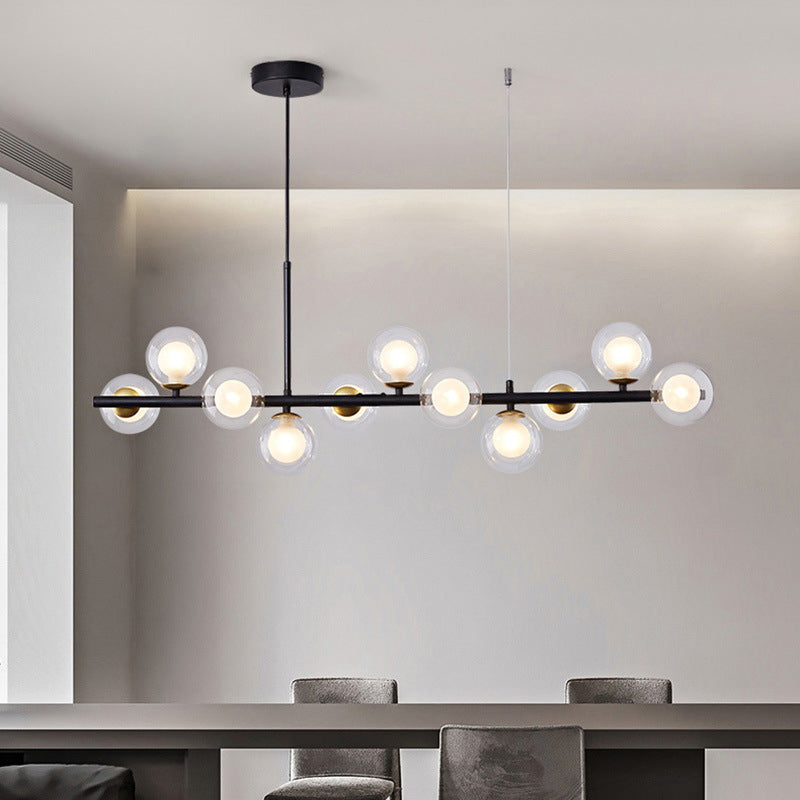 Clear/Amber/Smoke Grey Glass Ball Pendant Postmodern 7/9/11 Lights Black/Gold Hanging Island Light for Kitchen 9 Black Clearhalo 'Ceiling Lights' 'Glass shade' 'Glass' 'Island Lights' Lighting' 1937652