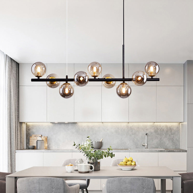 Clear/Amber/Smoke Grey Glass Ball Pendant Postmodern 7/9/11 Lights Black/Gold Hanging Island Light for Kitchen 11 Black Clearhalo 'Ceiling Lights' 'Glass shade' 'Glass' 'Island Lights' Lighting' 1937649