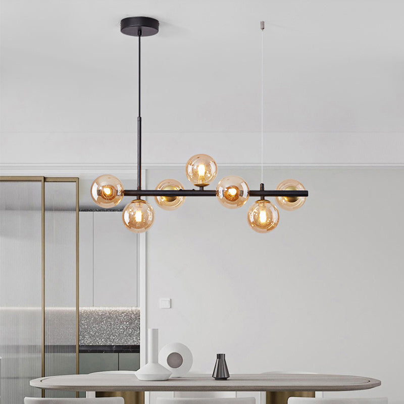 Clear/Amber/Smoke Grey Glass Ball Pendant Postmodern 7/9/11 Lights Black/Gold Hanging Island Light for Kitchen Clearhalo 'Ceiling Lights' 'Glass shade' 'Glass' 'Island Lights' Lighting' 1937647