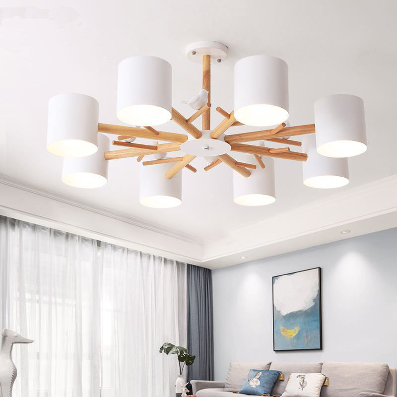 Wooden Branchlet Flush Chandelier Nordic 3/6/8 Heads White Semi Flush Ceiling Light with Ball Cream Glass/Cup Metal Shade Clearhalo 'Ceiling Lights' 'Close To Ceiling Lights' 'Close to ceiling' 'Semi-flushmount' Lighting' 1937996