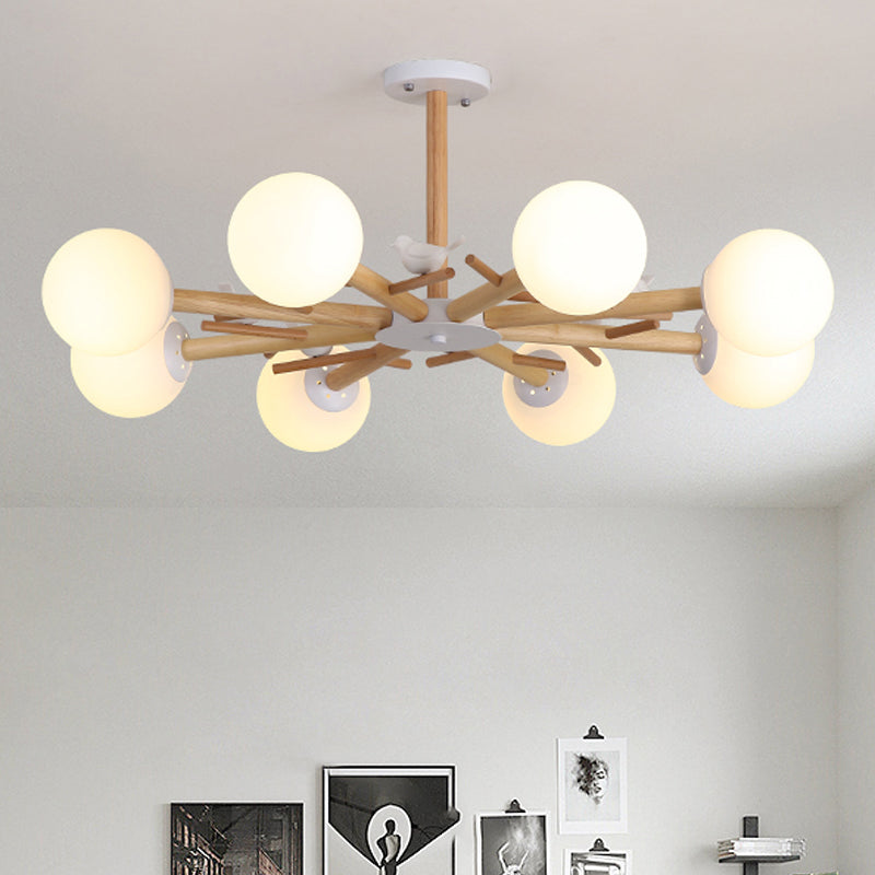 Wooden Branchlet Flush Chandelier Nordic 3/6/8 Heads White Semi Flush Ceiling Light with Ball Cream Glass/Cup Metal Shade Clearhalo 'Ceiling Lights' 'Close To Ceiling Lights' 'Close to ceiling' 'Semi-flushmount' Lighting' 1938005