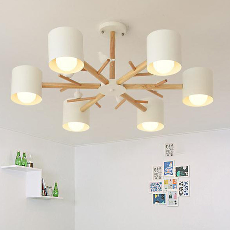 Wooden Branchlet Flush Chandelier Nordic 3/6/8 Heads White Semi Flush Ceiling Light with Ball Cream Glass/Cup Metal Shade Clearhalo 'Ceiling Lights' 'Close To Ceiling Lights' 'Close to ceiling' 'Semi-flushmount' Lighting' 1938000