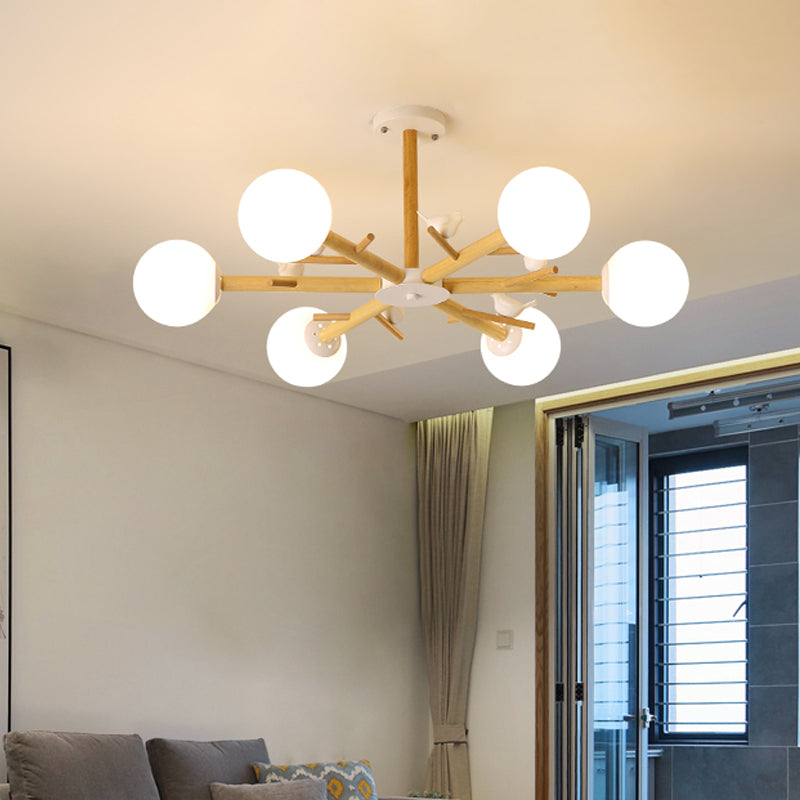 Wooden Branchlet Flush Chandelier Nordic 3/6/8 Heads White Semi Flush Ceiling Light with Ball Cream Glass/Cup Metal Shade Clearhalo 'Ceiling Lights' 'Close To Ceiling Lights' 'Close to ceiling' 'Semi-flushmount' Lighting' 1938011