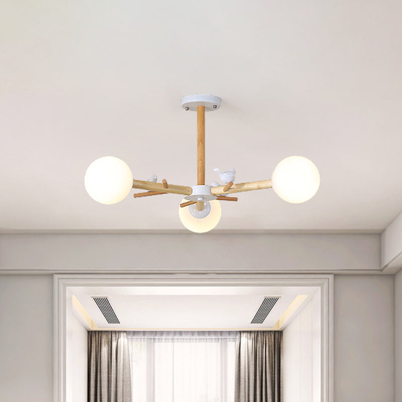 Wooden Branchlet Flush Chandelier Nordic 3/6/8 Heads White Semi Flush Ceiling Light with Ball Cream Glass/Cup Metal Shade Clearhalo 'Ceiling Lights' 'Close To Ceiling Lights' 'Close to ceiling' 'Semi-flushmount' Lighting' 1938012