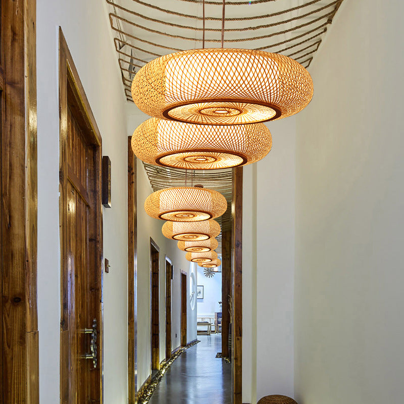 Handmade Round Bamboo Hanging Light Chinese 1 Bulb 18"/19.5"/31.5" Wide Beige Ceiling Pendant for Tearoom Clearhalo 'Ceiling Lights' 'Chandeliers' 'Modern Chandeliers' 'Modern' Lighting' 1960274