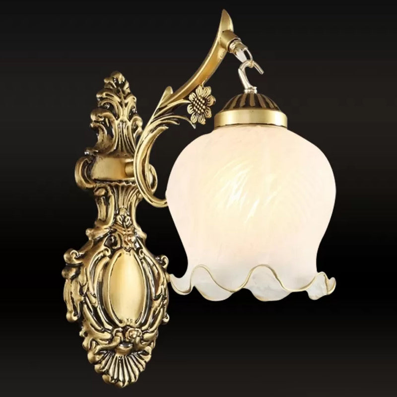 Dome Ivory Glass Wall Mounted Lamp Rustic 1-Light Dining Room Sconce Light with Ruffled Trim in White/Bronze Clearhalo 'Wall Lamps & Sconces' 'Wall Lights' Lighting' 1960399