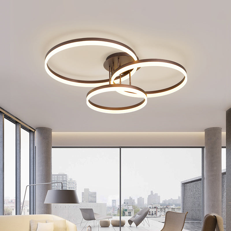 Gold/Coffee 3-Ring LED Ceiling Fixture Minimalist Acrylic Semi Flush Mount Lamp in Warm/White Light Gold Clearhalo 'Ceiling Lights' 'Close To Ceiling Lights' 'Close to ceiling' 'Semi-flushmount' Lighting' 1968742