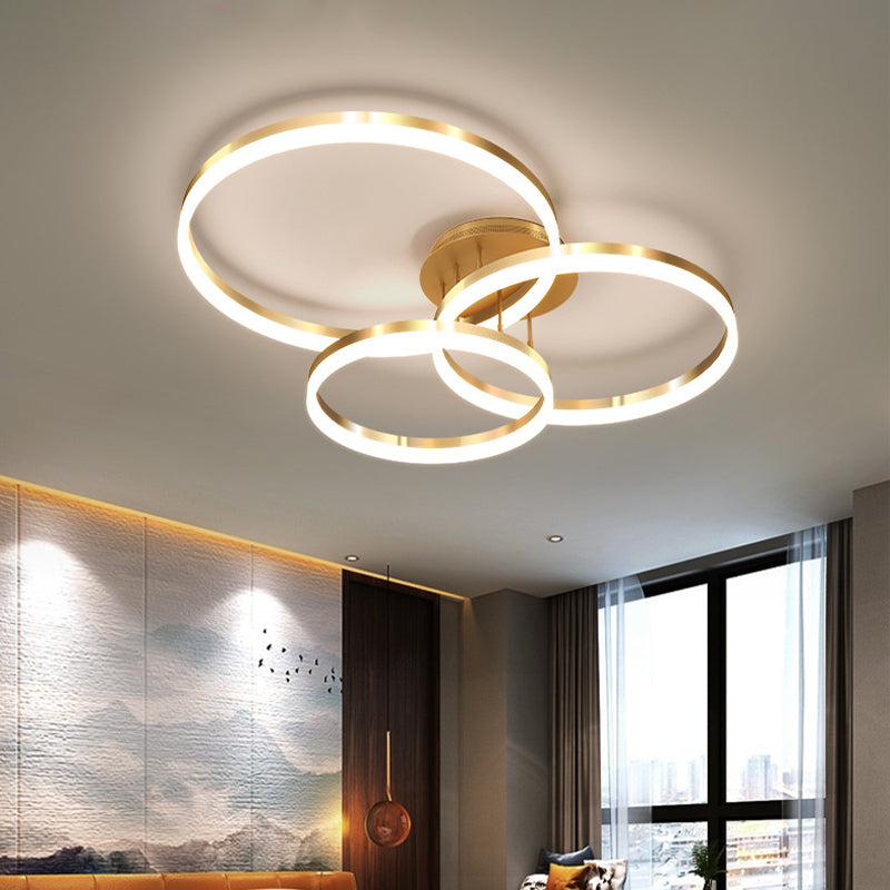 Gold/Coffee 3-Ring LED Ceiling Fixture Minimalist Acrylic Semi Flush Mount Lamp in Warm/White Light Coffee Clearhalo 'Ceiling Lights' 'Close To Ceiling Lights' 'Close to ceiling' 'Semi-flushmount' Lighting' 1968737