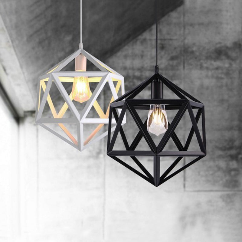 14"/16" Wide Industrial Dining Table Suspension Pendant Light with 1-Light Geometric Iron Cage in Black