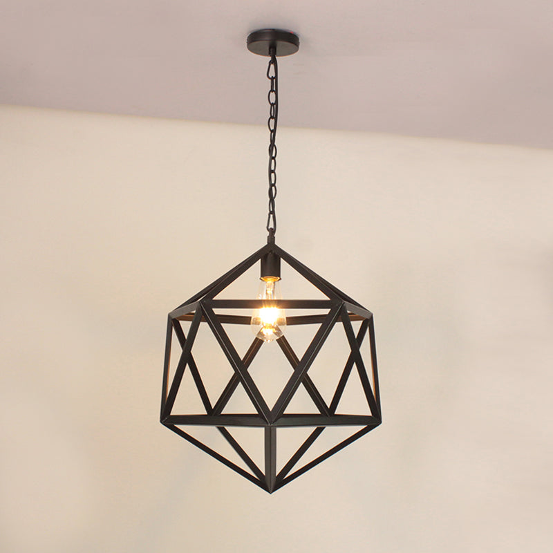 14"/16" Wide Industrial Dining Table Suspension Pendant Light with 1-Light Geometric Iron Cage in Black