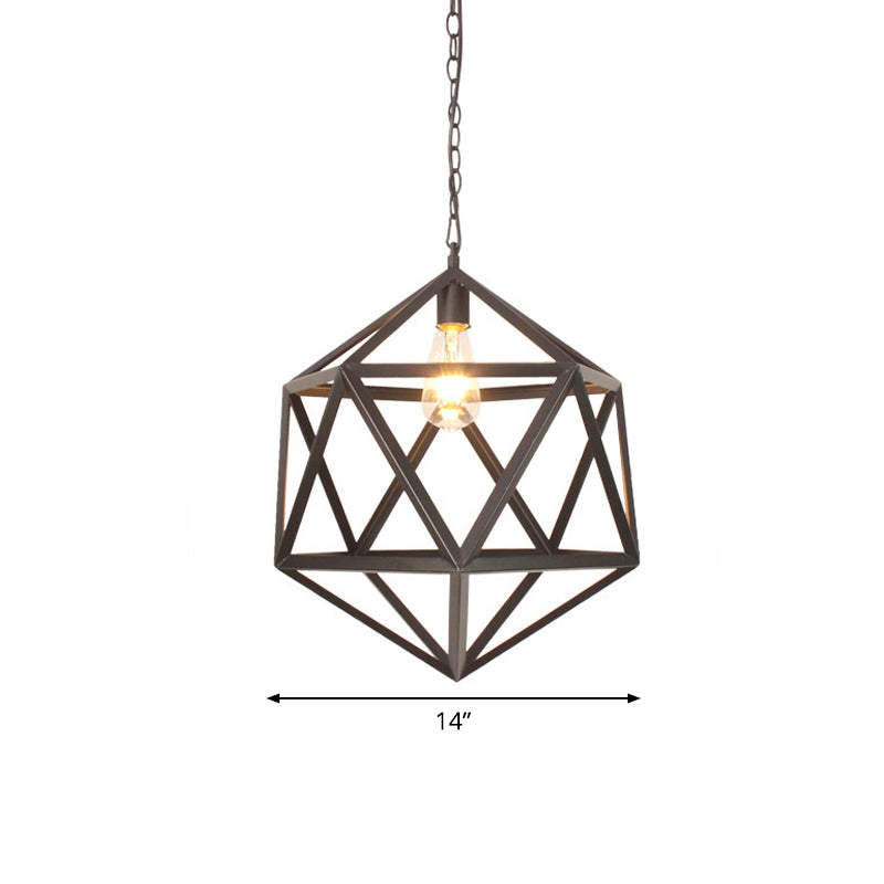 14"/16" Wide Industrial Dining Table Suspension Pendant Light with 1-Light Geometric Iron Cage in Black