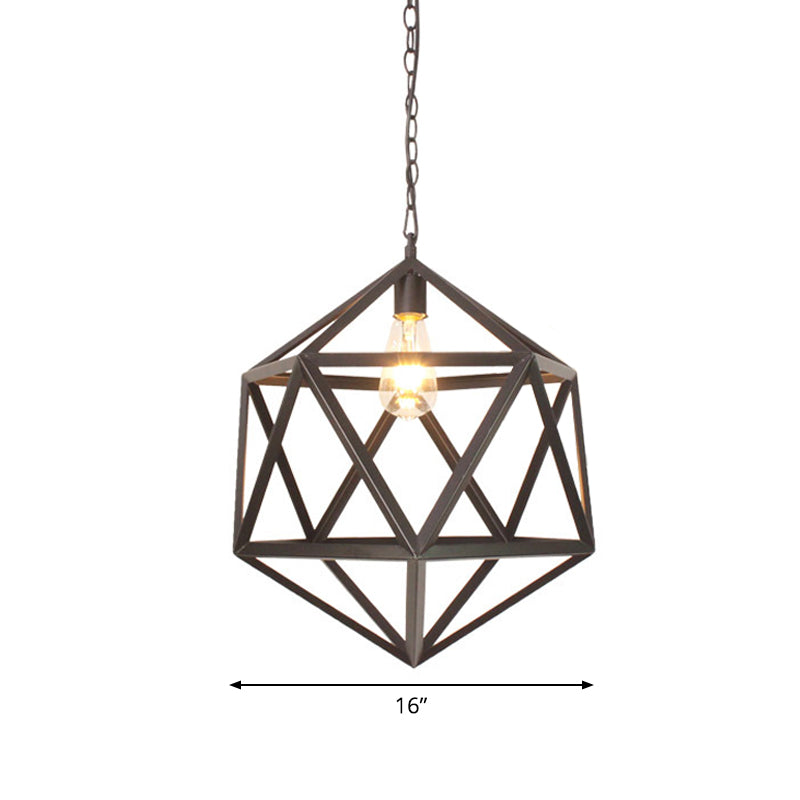 14"/16" Wide Industrial Dining Table Suspension Pendant Light with 1-Light Geometric Iron Cage in Black