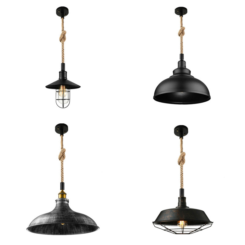 Taavita Eisen Suspension Light Farmhouse Single Dining Room Ceiling Pendant Black with Hemp Rope - 10 to 14 Inches, Industrial Design, Metal, Round Canopy Shape, E26/E27 Bulb, 110V-240V