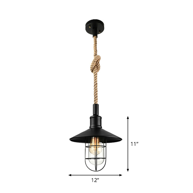 Taavita Eisen Suspension Light Farmhouse Single Dining Room Ceiling Pendant Black with Hemp Rope - 10 to 14 Inches, Industrial Design, Metal, Round Canopy Shape, E26/E27 Bulb, 110V-240V