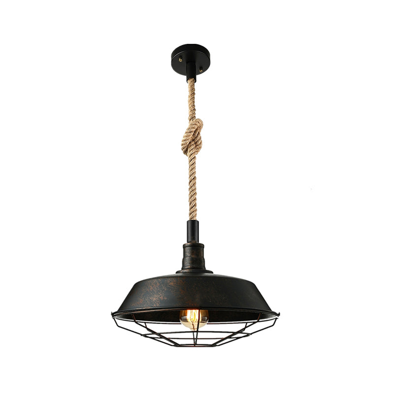 Barn/Bowl/Saucer Iron Suspension Light Farmhouse Single Dining Room Ceiling Pendant in Black with Hemp Rope Cord Black B Clearhalo 'Art Deco Pendants' 'Black' 'Cast Iron' 'Ceiling Lights' 'Ceramic' 'Crystal' 'Industrial Pendants' 'Industrial' 'Metal' 'Middle Century Pendants' 'Pendant Lights' 'Pendants' 'Rustic Pendants' 'Tiffany' Lighting' 1969189