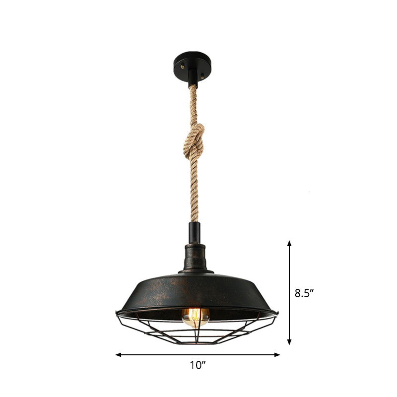 Taavita Eisen Suspension Light Farmhouse Single Dining Room Ceiling Pendant Black with Hemp Rope - 10 to 14 Inches, Industrial Design, Metal, Round Canopy Shape, E26/E27 Bulb, 110V-240V