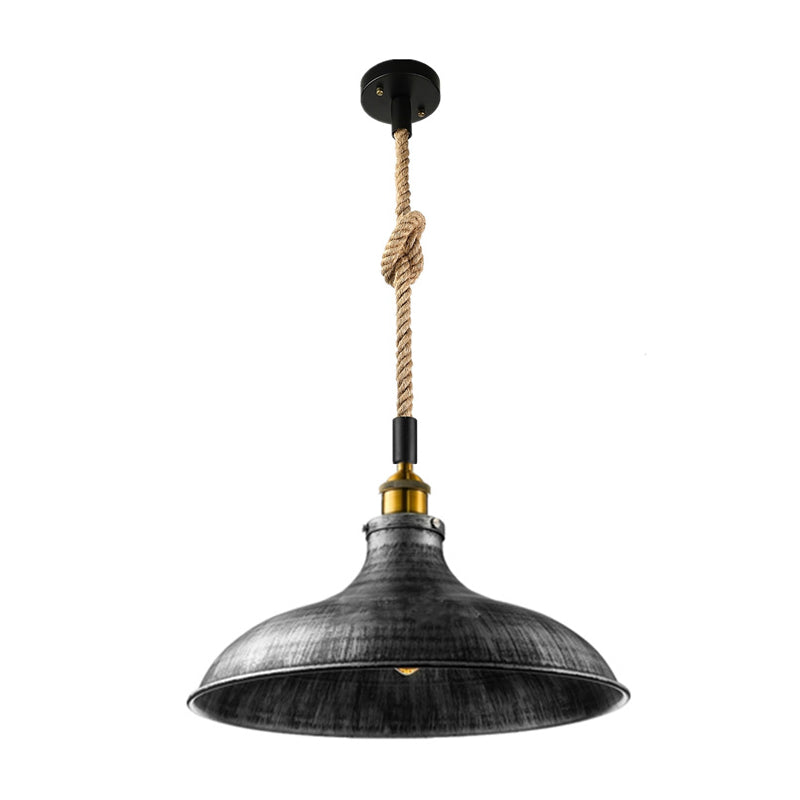 Barn/Bowl/Saucer Iron Suspension Light Farmhouse Single Dining Room Ceiling Pendant in Black with Hemp Rope Cord Black A Clearhalo 'Art Deco Pendants' 'Black' 'Cast Iron' 'Ceiling Lights' 'Ceramic' 'Crystal' 'Industrial Pendants' 'Industrial' 'Metal' 'Middle Century Pendants' 'Pendant Lights' 'Pendants' 'Rustic Pendants' 'Tiffany' Lighting' 1969185