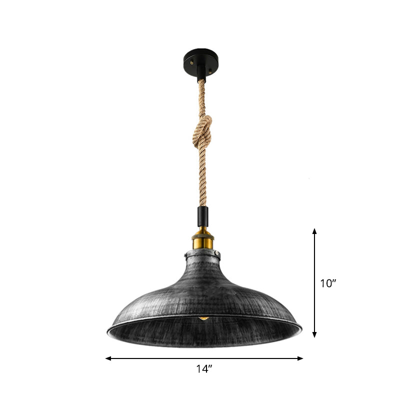 Taavita Eisen Suspension Light Farmhouse Single Dining Room Ceiling Pendant Black with Hemp Rope - 10 to 14 Inches, Industrial Design, Metal, Round Canopy Shape, E26/E27 Bulb, 110V-240V