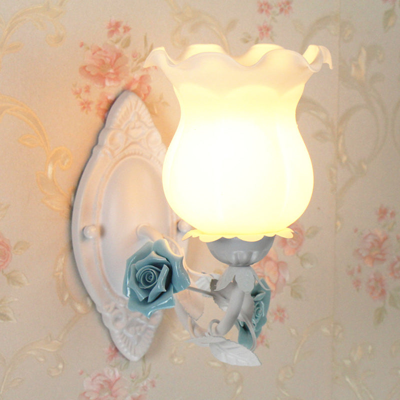 Pink/Green/Blue 1-Light Wall Sconce American Garden Frosted White Glass Floral Wall Mounted Light Clearhalo 'Wall Lamps & Sconces' 'Wall Lights' Lighting' 1982564