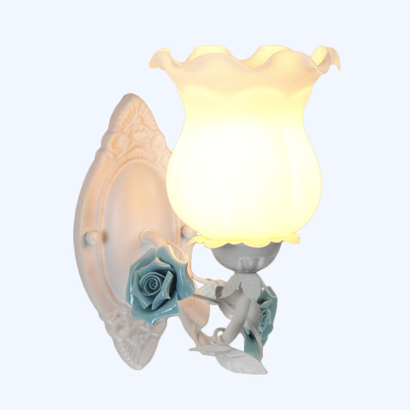 Taavita 1 Light Wall Lamp American Garden with Frosted White Glass Flowers Wall Mounted Light