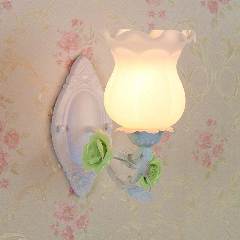 Pink/Green/Blue 1-Light Wall Sconce American Garden Frosted White Glass Floral Wall Mounted Light Clearhalo 'Wall Lamps & Sconces' 'Wall Lights' Lighting' 1982569