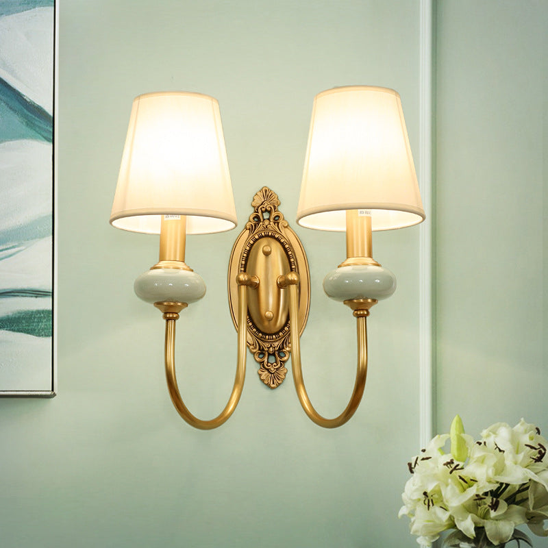 Gold Swoop Arm Wall Light Traditional Metal 1/2-Head Gold Sconce Lamp with Cone Shade and Faux Jade Decor Clearhalo 'Wall Lamps & Sconces' 'Wall Lights' Lighting' 1982762