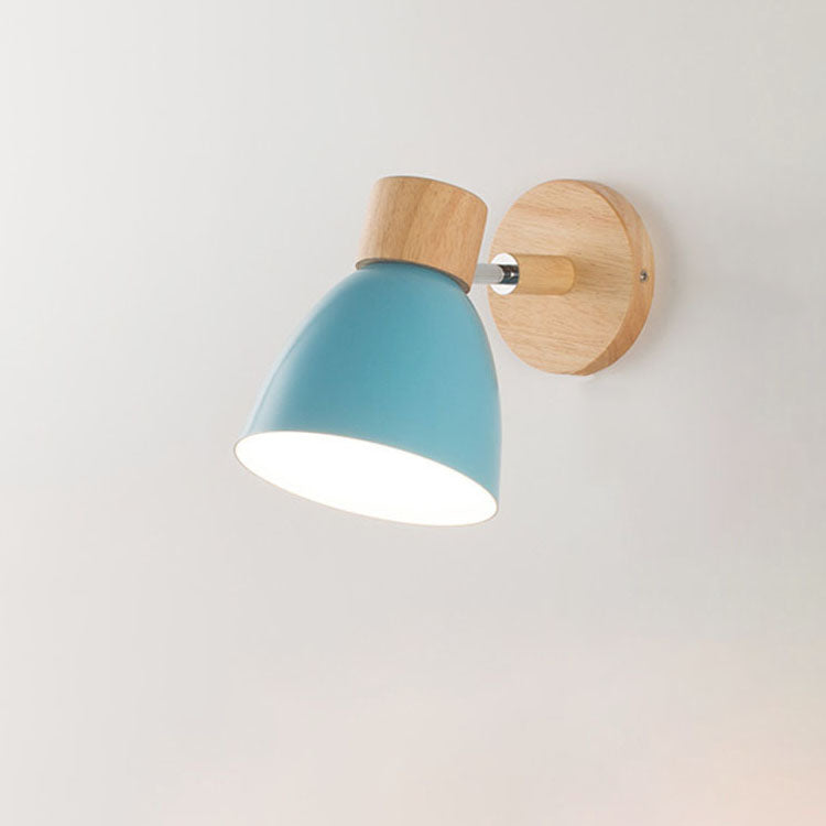 Modern, minimalist, monochrome Macaron iron wall lamp with 1 wooden light