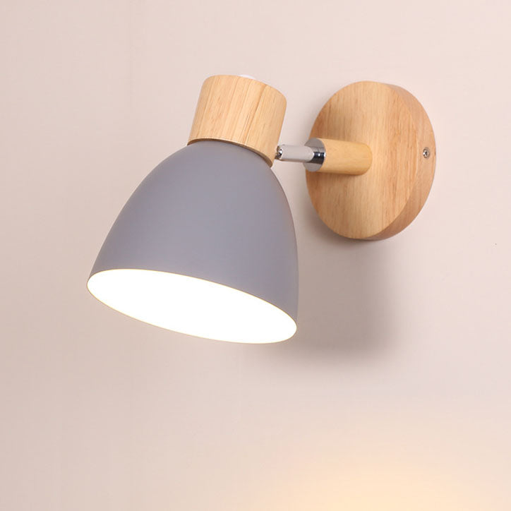 Modern, minimalist, monochrome Macaron iron wall lamp with 1 wooden light