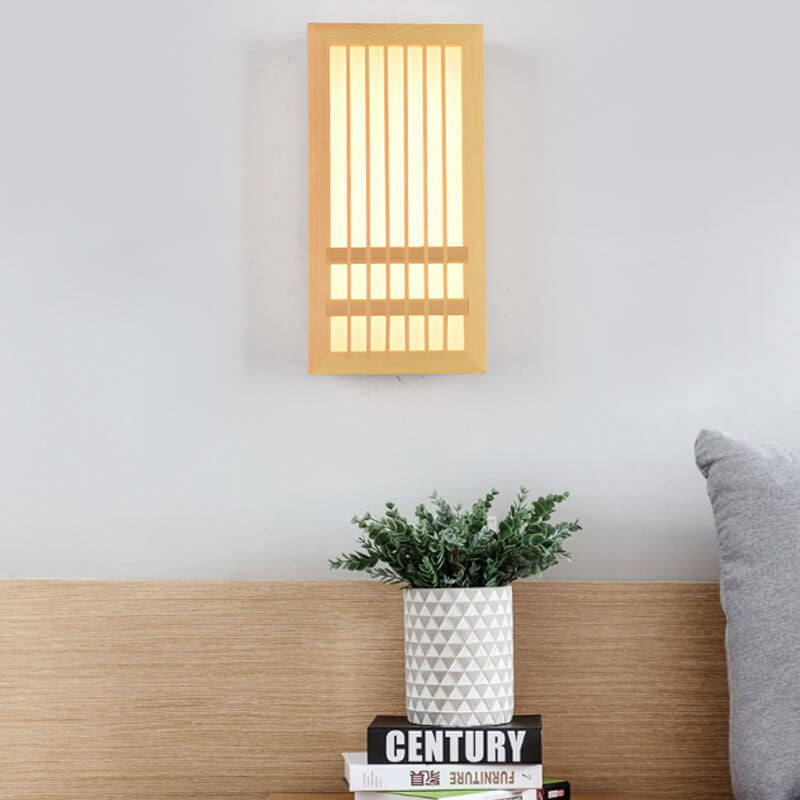 Simple Rectangular 1-Light Wall Lamp in Modern Japanese Style Made of Solid Wood, Beige, LED