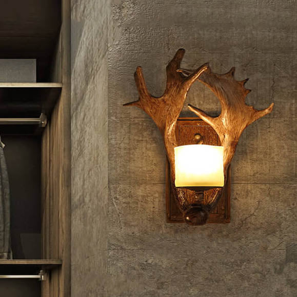 Taavita Antique Antler 1-Light Wall Lamp - Industrial Style Wall Light in Wood and White Finish