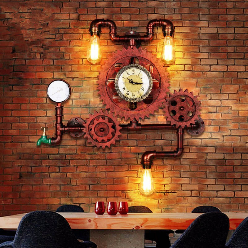 Taavita Vintage Industrial Gear 3-Light Wall Lamp Water Pipe Clock