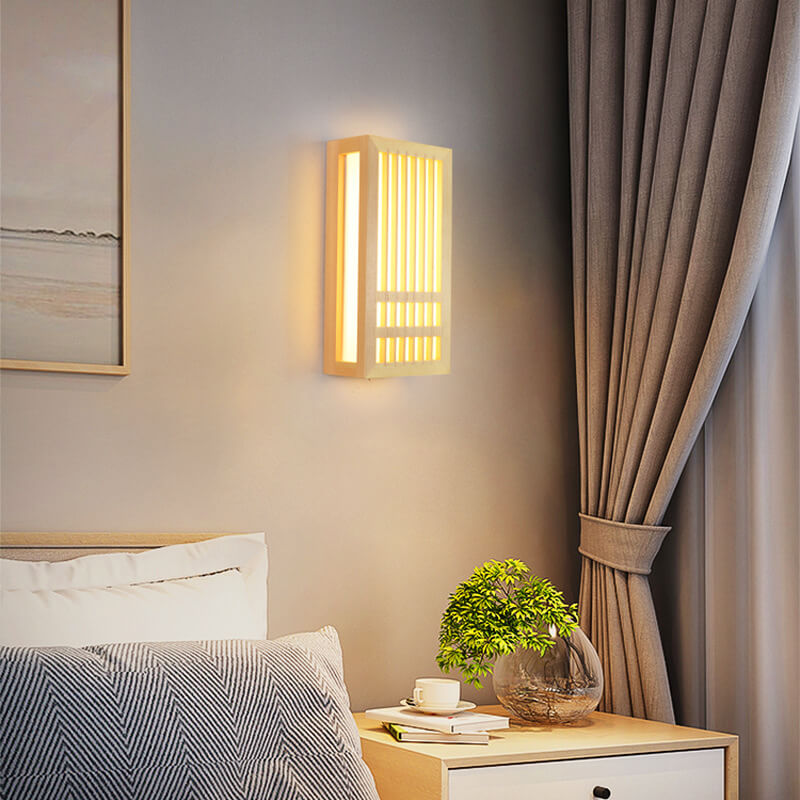 Simple Rectangular 1-Light Wall Lamp in Modern Japanese Style Made of Solid Wood, Beige, LED