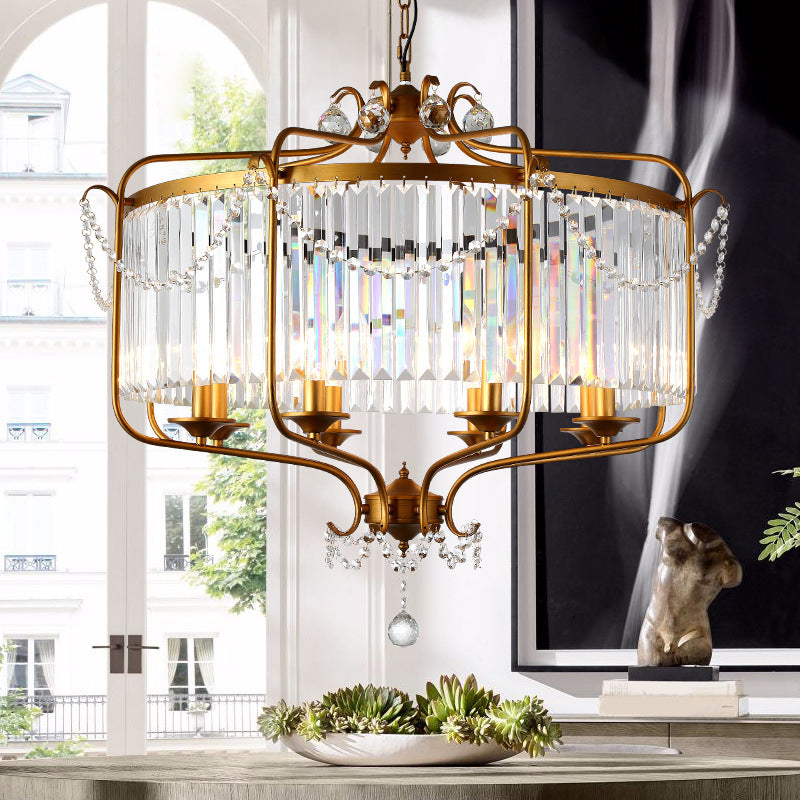 Faceted Crystal Chandelier Lamp Round Countryside Pendant Light Kit with Wire Cage for Living Room Clearhalo 'Ceiling Lights' 'Chandeliers' Lighting' options 2018238